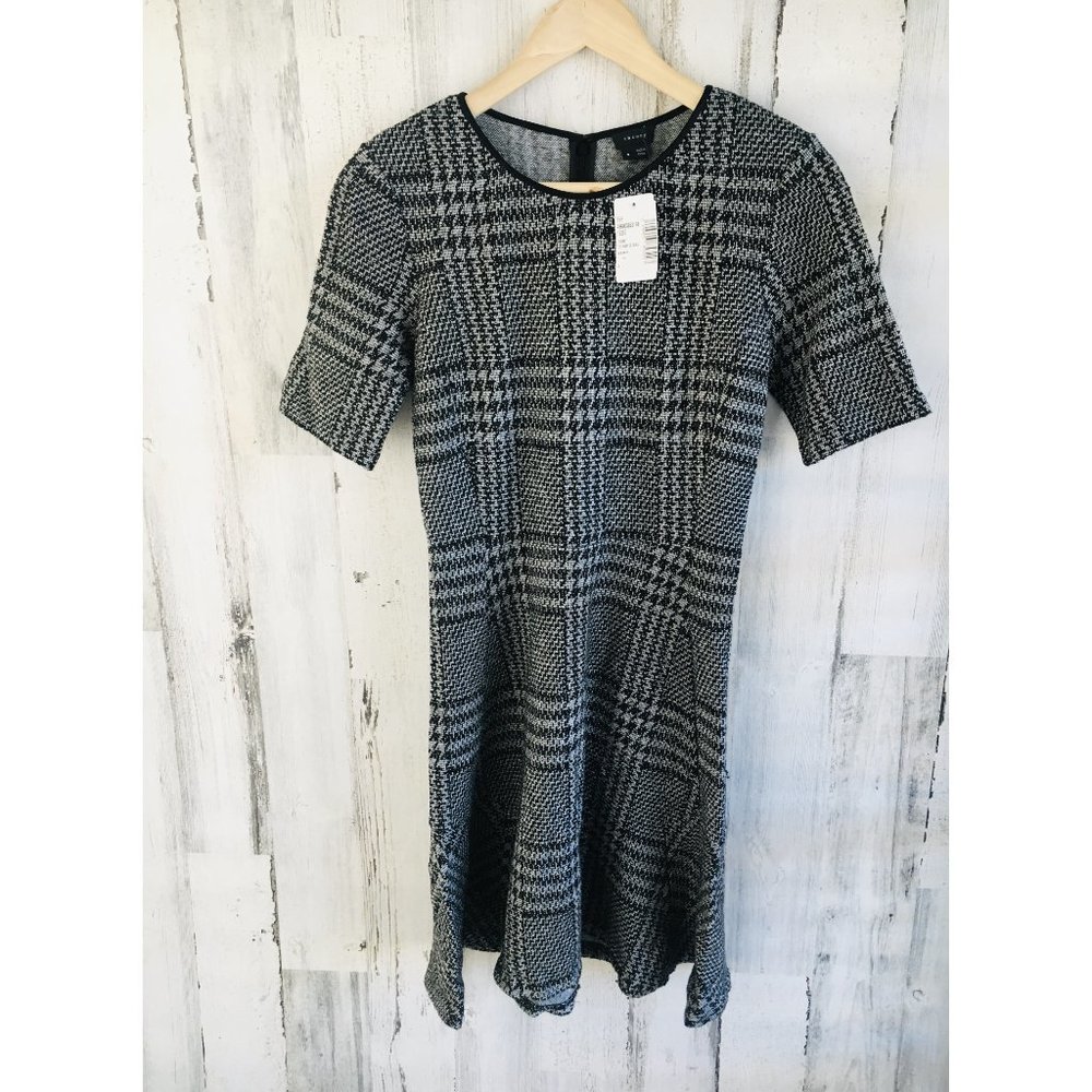 THEORY Nikay Plaid Houndstooth Stretch Knit Work Dress Office Flounce Hem SAKS